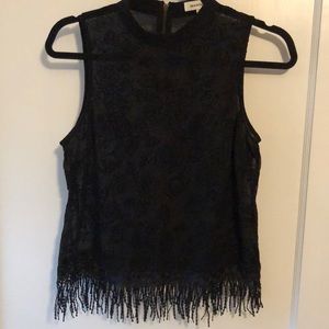 Sheer black sleeveless mock turtleneck w/ fringe